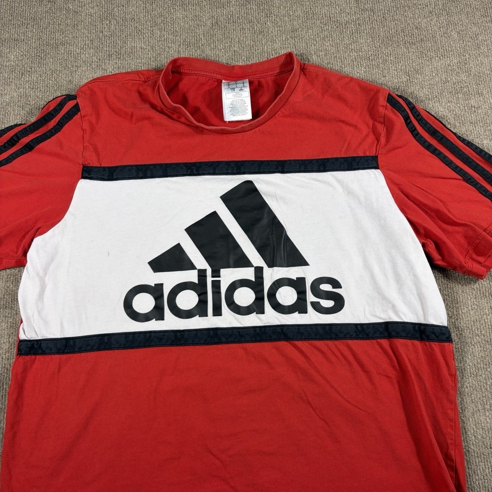 Adidas Men's Large T-Shirt. Short Sleeve. Red White and Black Vintage Y2KClassic